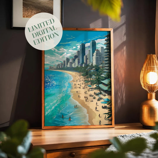 Vibrant city beach printable wall art featuring a sunny coastline with turquoise waves, golden sand, palm trees, and people enjoying the beach, set against a backdrop of modern skyscrapers under a dynamic sky - perfect for urban summer, travel, or coastal-themed decor