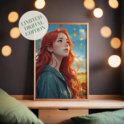 Autumn-themed printable wall art featuring a red-haired woman gazing upward as fall leaves swirl around her, set against a vibrant blue sky and golden fields, ideal for seasonal and cozy home decor