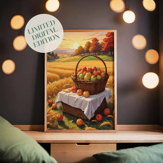 Digital wall art of a basket filled with apples in a golden wheat field at sunset, surrounded by scattered apples and autumn trees in the background
