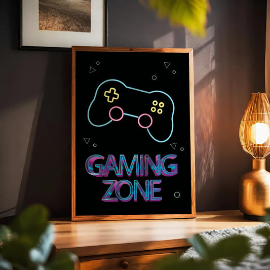 Neon-style gaming controller illustration with ‘Gaming Zone’ text, vibrant digital wall art ideal for game rooms, kids’ spaces, and esports enthusiasts